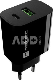 Natec Ribera USB Charger 1X USB-A + 1X USB-C 20W, Black