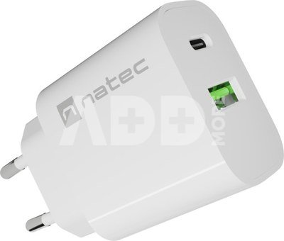Natec Ribera USB Charger 1X USB-A + 1X USB-C 20W, White