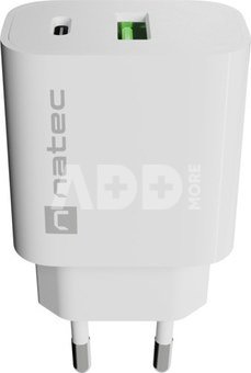 Natec Ribera USB Charger 1X USB-A + 1X USB-C 20W, White