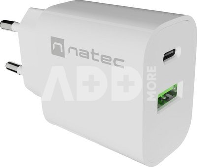 Natec Ribera USB Charger 1X USB-A + 1X USB-C 20W, White