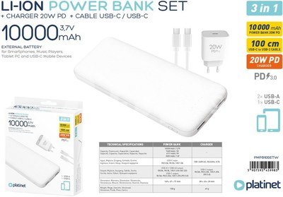 Platinet power bank + USB charger 10000mAh Kit PMPB10SETW, white