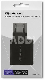 Qoltec Charger | 45W | 5-20V | 2.25-3A | USB typ C PD | USB | Black