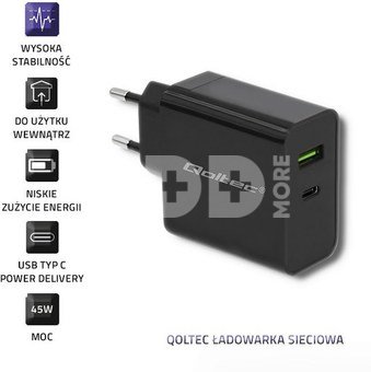 Qoltec Charger | 45W | 5-20V | 2.25-3A | USB typ C PD | USB | Black