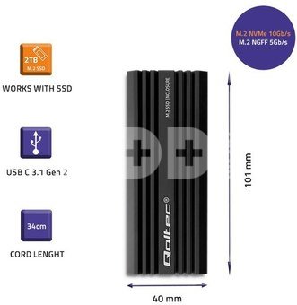 Qoltec Enclosure for drive M.2 SATA, NVMe, USB C, 2TB