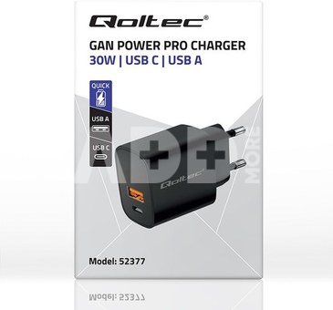 Qoltec GaN POWER PRO charger 1xUSB C, 1xUSB, 30W