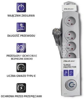 Qoltec Surge protector 5 sockets 3m gray
