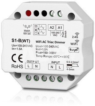 S1-B(WT) vieno kanalo 230V valdiklis, TRIAC, Push-Dimm, Tuya, Wi-Fi