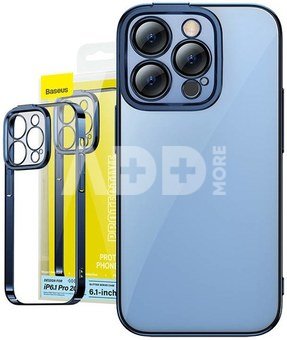 Sada průhledn&eacute;ho pouzdra Baseus Glitter a tvrzen&eacute;ho skla pro iPhone 14 Pro (modr&aacute;)