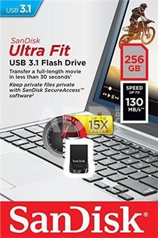 Sandisk Ultra Fit&trade; USB 3.1 - Small Form Factor Plug and Stay Hi-Speed USB Drive 256 GB, USB 3.1, Black