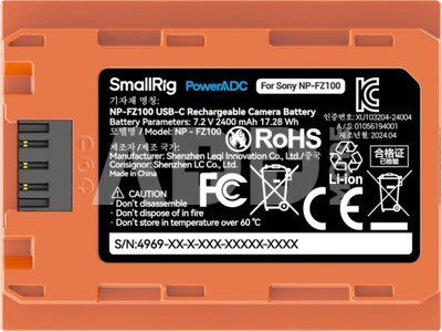 SmallRig 4969 NP-FZ100 USB-C Rechargeable Camera Battery Orange