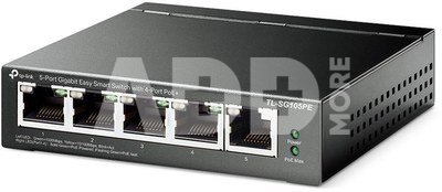 TP-Link TL-SG105PE Switch Unmanaged, Desktop, 5x10/100/1000Mbps ports, 4xPoE+ ports, PSU external, Steel case