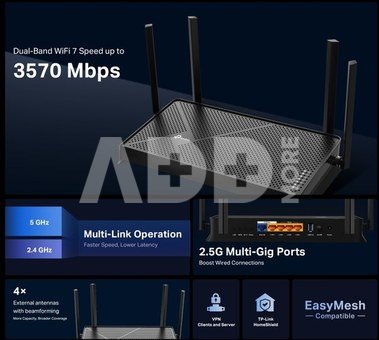 TP-LINK Dual-Band Wi-Fi 7 Router | Archer BE3600 | 802.11be | 2882 Mbit/s | Mesh Support No | MU-MiMO Yes | No mobile broadband