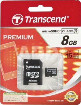 Transcend 8GB microSD SDHC atminties kortelė su adapteriu