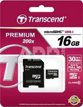 Transcend MicroSDHC 16GB + Adapteris / Class 10