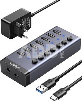 UGREEN Hub 7in1 USB-C, 7x USB-A 3.0 12V 2A (black)
