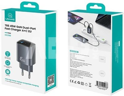 CC290 T66 45W GaN 1xUSB-A 1xUSB-C silver