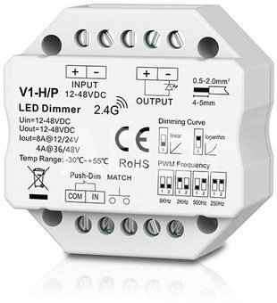 V1-H/P nuolatinės įtampos valdiklis, 12-48V, 1x 8A, Push-Dimm