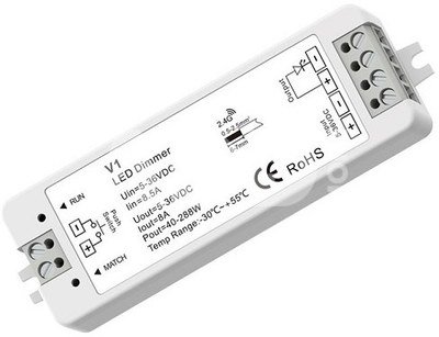 V1 nuolatinės įtampos valdiklis 5-36V, 1x 8A, Push-Dimm