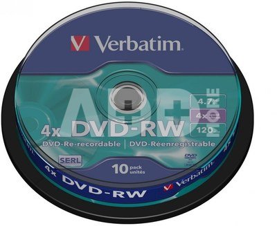 1x10 Verbatim DVD-RW 4,7GB 4x Speed, matte silver Cakebox