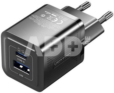 Wall charger, Vention, FEQB0-EU, USB-C, USB- A, 30W/30W, GaN (black)