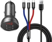 Baseus Digital Display Dual USB 4.8A Car Charger 24W with Three Primary Colors 3-in-1 Cable USB 1.2M Black Suit Grey