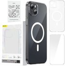 Pouzdro na telefon Baseus Magnetic Crystal Clear pro iPhone 13 (průhledn&eacute;) s ochrann&yacute;m krytem displeje z tvrzen&eacute;ho skla a čistic&iacute; sadou